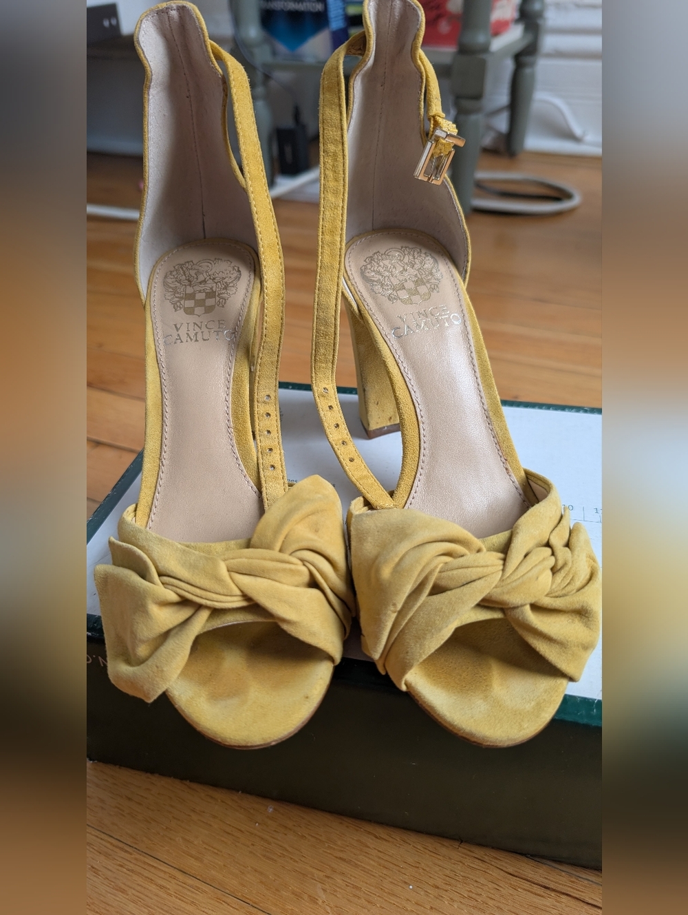 Vince Camuto Mustard Suede Knotted Open-Toe Ankle Strap Heels